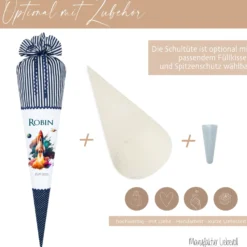 Personalisierte blaue Weltraum Stoff Schultüte in Blau für Jungen mit Namen Einschulungstüte Datum 70 cm | Optional mit Füllkissen und Spitzenschutz