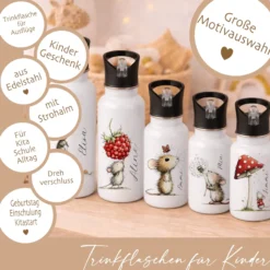 Personalisierte Edelstahl-Trinkflasche mit Strohhalm – Süße Maus-Motive & Wunschname – 400ml / 500ml / 600ml