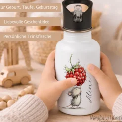 Personalisierte Edelstahl-Trinkflasche mit Strohhalm – Süße Maus-Motive & Wunschname – 400ml / 500ml / 600ml