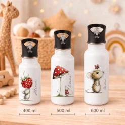 Personalisierte Edelstahl-Trinkflasche mit Strohhalm – Süße Maus-Motive & Wunschname – 400ml / 500ml / 600ml