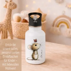Personalisierte Edelstahl-Trinkflasche mit Strohhalm – Süße Maus-Motive & Wunschname – 400ml / 500ml / 600ml