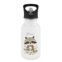 Personalisierte Edelstahl Trinkflasche mit Namen – Süße Waldtiere Motive im Boho-Stil – Kinderflasche mit Strohhalm in 3 Größen