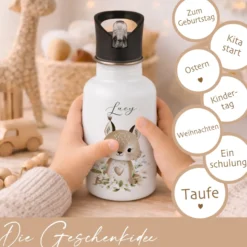Personalisierte Edelstahl Trinkflasche mit Namen – Süße Waldtiere Motive im Boho-Stil – Kinderflasche mit Strohhalm in 3 Größen