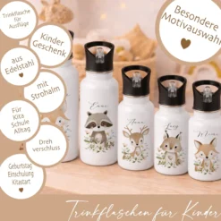 Personalisierte Edelstahl Trinkflasche mit Namen – Süße Waldtiere Motive im Boho-Stil – Kinderflasche mit Strohhalm in 3 Größen