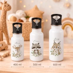 Personalisierte Edelstahl Trinkflasche mit Namen – Süße Waldtiere Motive im Boho-Stil – Kinderflasche mit Strohhalm in 3 Größen