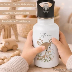 Personalisierte Edelstahl Trinkflasche mit Namen – Süße Waldtiere Motive im Boho-Stil – Kinderflasche mit Strohhalm in 3 Größen