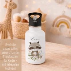 Personalisierte Edelstahl Trinkflasche mit Namen – Süße Waldtiere Motive im Boho-Stil – Kinderflasche mit Strohhalm in 3 Größen