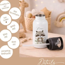 Personalisierte Edelstahl Trinkflasche mit Namen – Süße Waldtiere Motive im Boho-Stil – Kinderflasche mit Strohhalm in 3 Größen