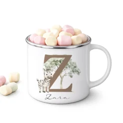 Personalisierte Emaille Tasse mit Namen & Buchstabe – Süße Safari Motive im Boho-Stil – Bruchsicherer Kinderbecher 300ml