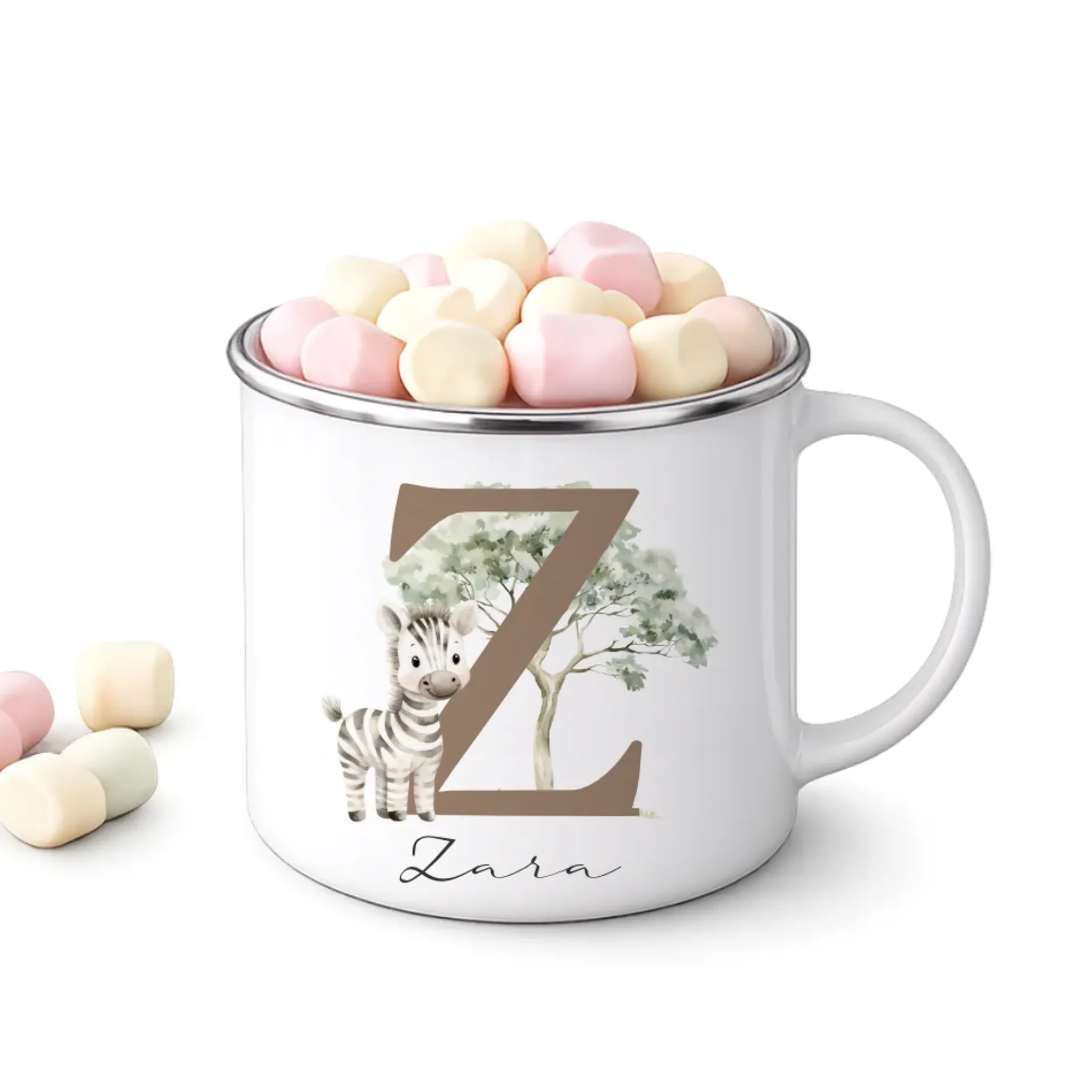 Personalisierte Emaille Tasse mit Namen & Buchstabe – Süße Safari Motive im Boho-Stil – Bruchsicherer Kinderbecher 300ml