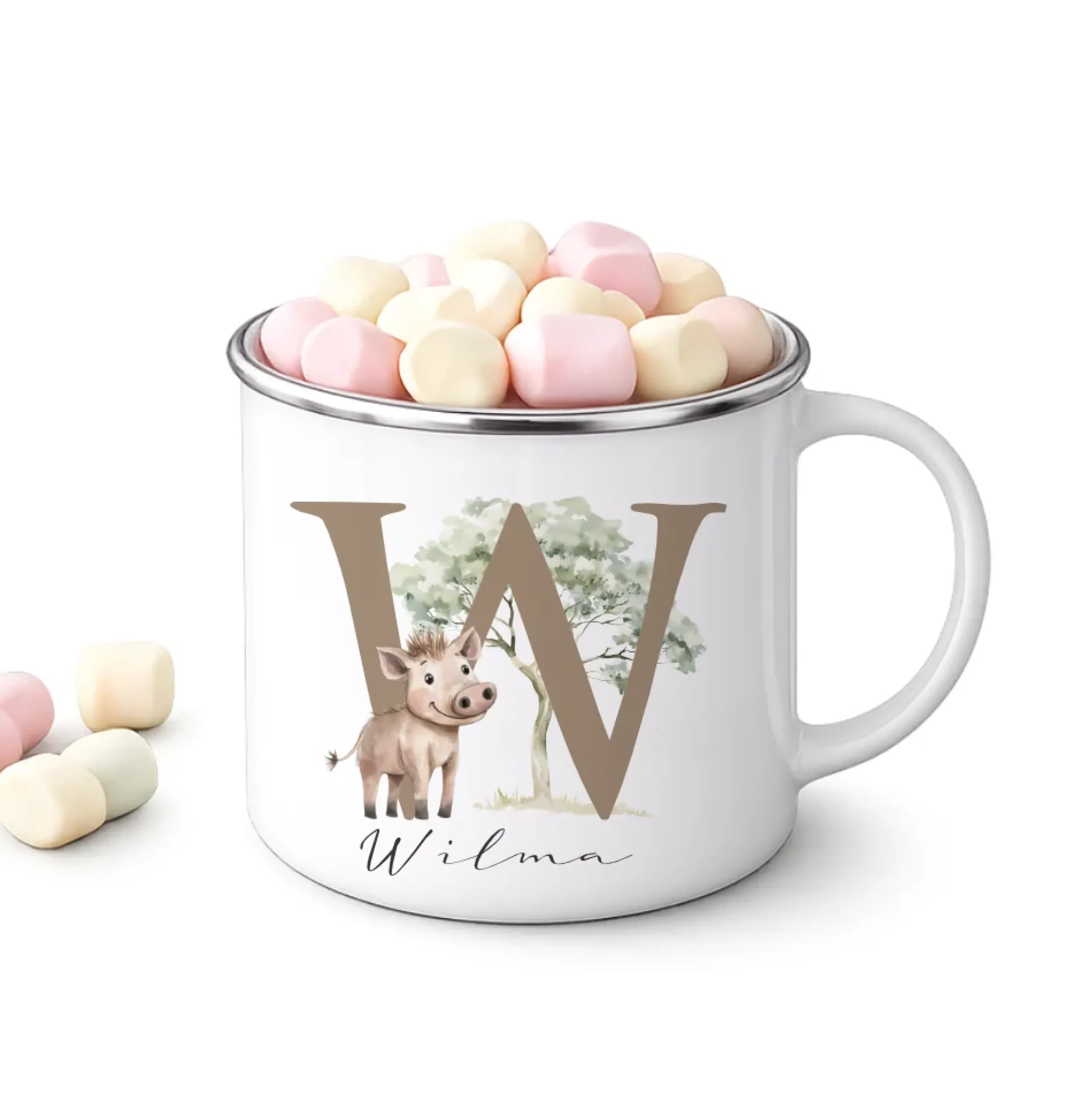 Personalisierte Emaille Tasse mit Namen & Buchstabe – Süße Safari Motive im Boho-Stil – Bruchsicherer Kinderbecher 300ml