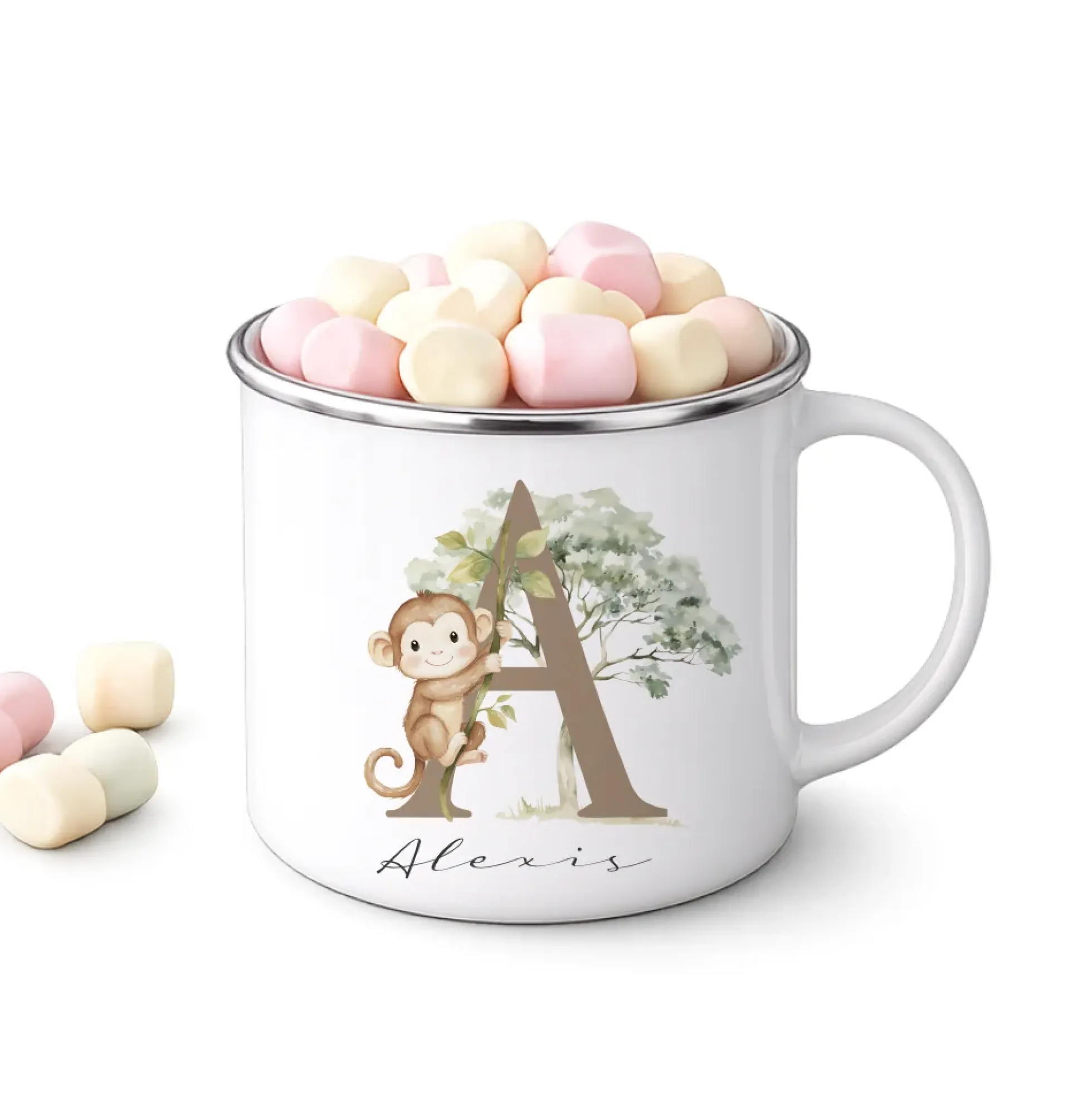 Personalisierte Emaille Tasse mit Namen & Buchstabe – Süße Safari Motive im Boho-Stil – Bruchsicherer Kinderbecher 300ml