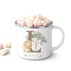 Personalisierte Emaille Tasse mit Namen & Buchstabe – Süße Safari Motive im Boho-Stil – Bruchsicherer Kinderbecher 300ml