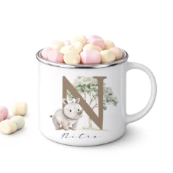 Personalisierte Emaille Tasse mit Namen & Buchstabe – Süße Safari Motive im Boho-Stil – Bruchsicherer Kinderbecher 300ml