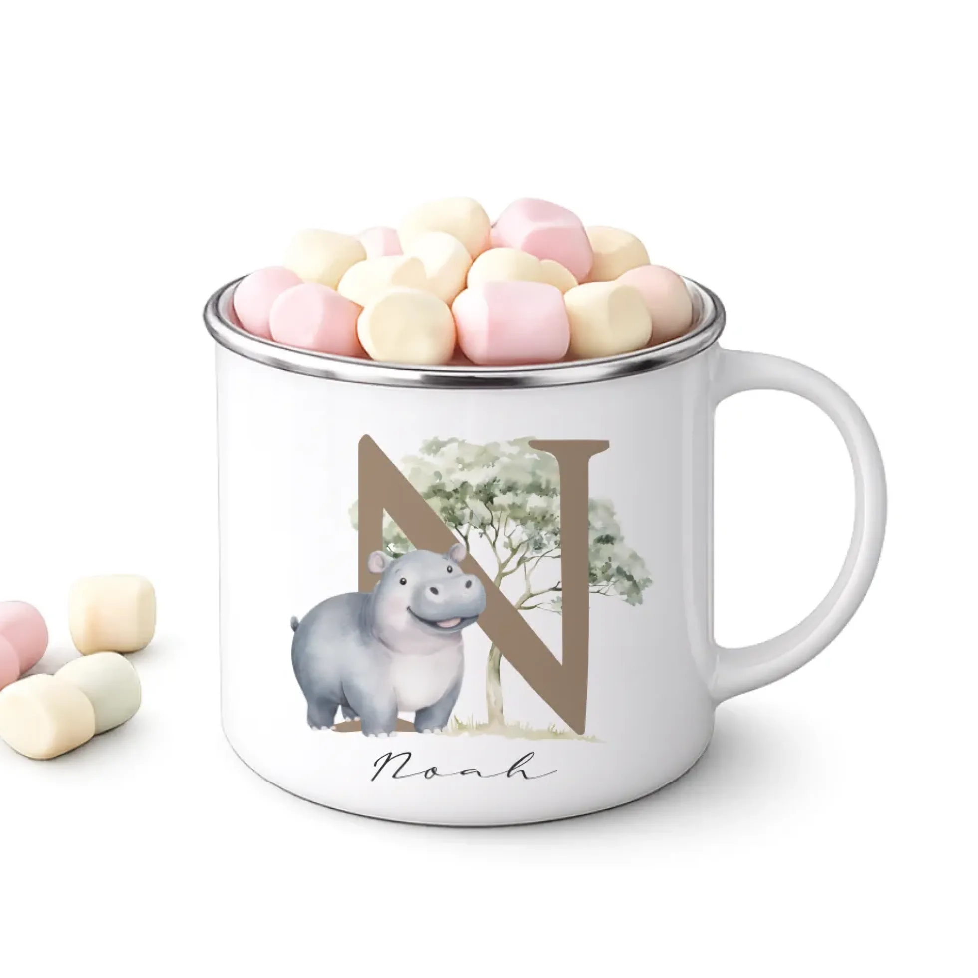 Personalisierte Emaille Tasse mit Namen & Buchstabe – Süße Safari Motive im Boho-Stil – Bruchsicherer Kinderbecher 300ml