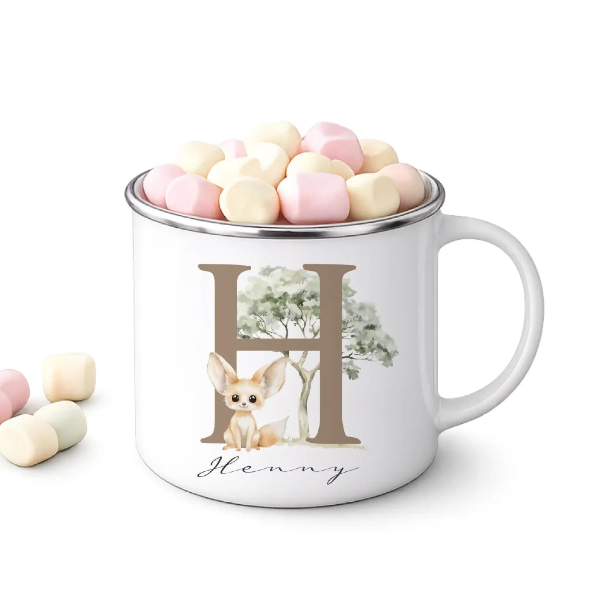 Personalisierte Emaille Tasse mit Namen & Buchstabe – Süße Safari Motive im Boho-Stil – Bruchsicherer Kinderbecher 300ml