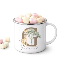 Personalisierte Emaille Tasse mit Namen & Buchstabe – Süße Safari Motive im Boho-Stil – Bruchsicherer Kinderbecher 300ml