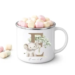 Personalisierte Emaille Tasse mit Namen & Buchstabe – Süße Safari Motive im Boho-Stil – Bruchsicherer Kinderbecher 300ml