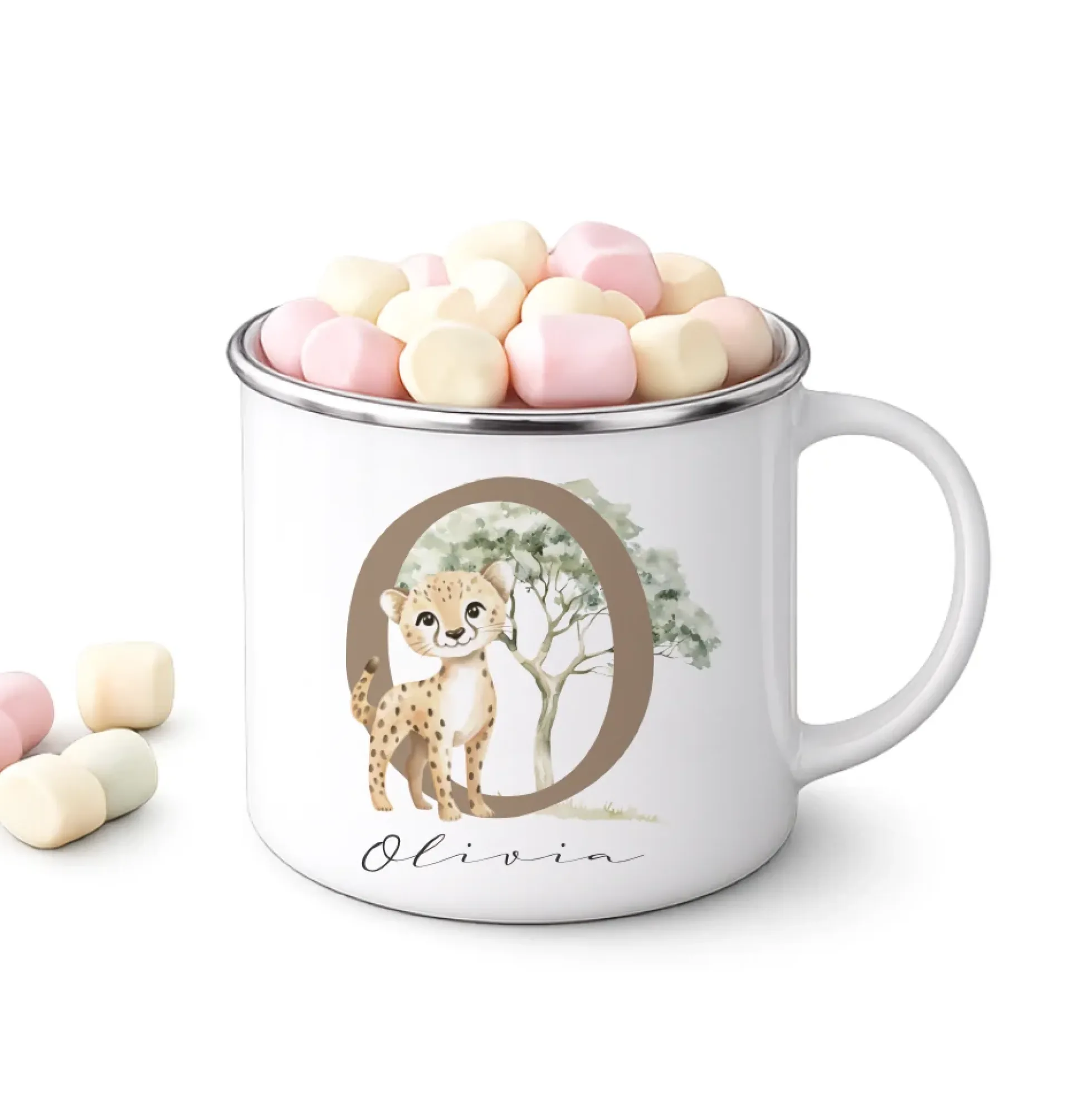 Personalisierte Emaille Tasse mit Namen & Buchstabe – Süße Safari Motive im Boho-Stil – Bruchsicherer Kinderbecher 300ml