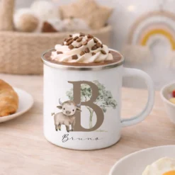 Personalisierte Emaille Tasse mit Namen & Buchstabe – Süße Safari Motive im Boho-Stil – Bruchsicherer Kinderbecher 300ml