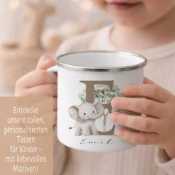 Personalisierte Emaille Tasse mit Namen & Buchstabe – Süße Safari Motive im Boho-Stil – Bruchsicherer Kinderbecher 300ml