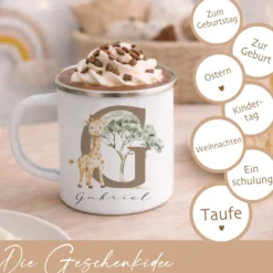Personalisierte Emaille Tasse mit Namen & Buchstabe – Süße Safari Motive im Boho-Stil – Bruchsicherer Kinderbecher 300ml