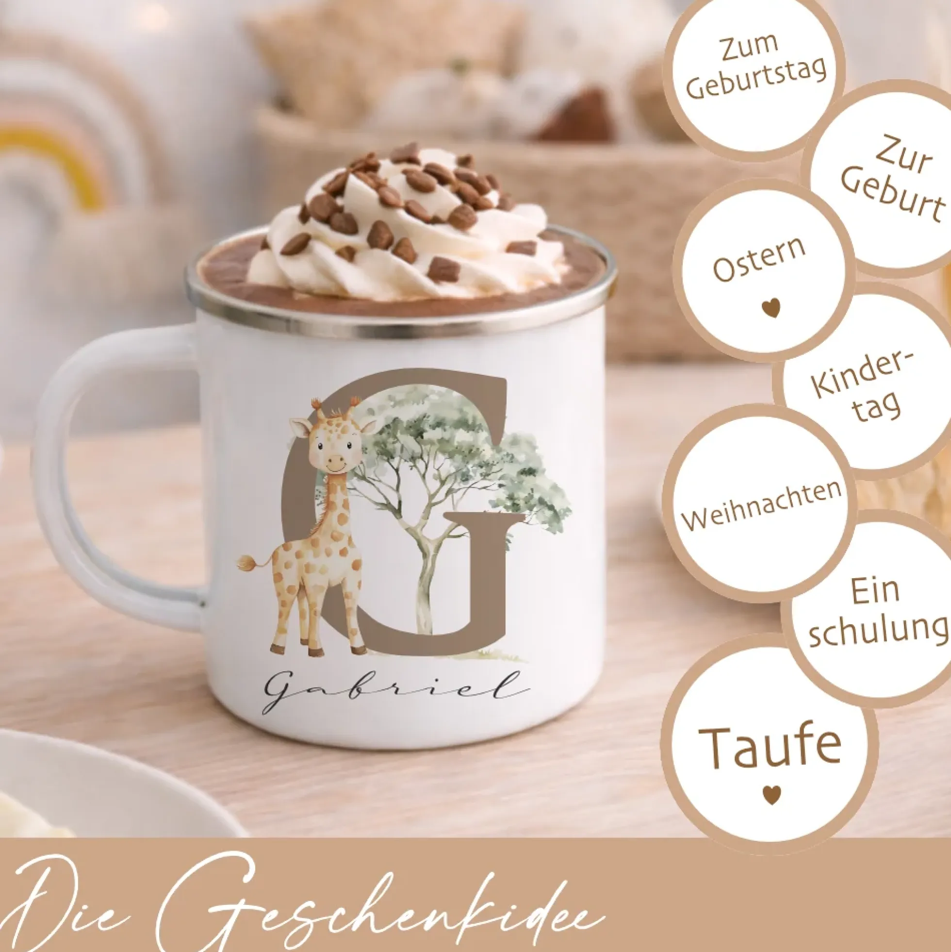 Personalisierte Emaille Tasse mit Namen & Buchstabe – Süße Safari Motive im Boho-Stil – Bruchsicherer Kinderbecher 300ml