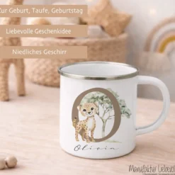 Personalisierte Emaille Tasse mit Namen & Buchstabe – Süße Safari Motive im Boho-Stil – Bruchsicherer Kinderbecher 300ml