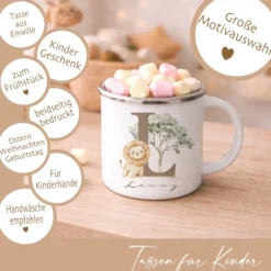 Personalisierte Emaille Tasse mit Namen & Buchstabe – Süße Safari Motive im Boho-Stil – Bruchsicherer Kinderbecher 300ml