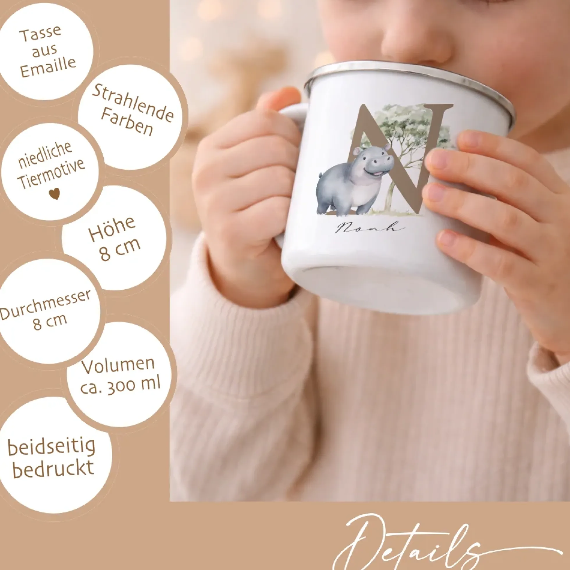 Personalisierte Emaille Tasse mit Namen & Buchstabe – Süße Safari Motive im Boho-Stil – Bruchsicherer Kinderbecher 300ml
