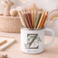 Personalisierte Emaille Tasse mit Namen & Buchstabe – Süße Safari Motive im Boho-Stil – Bruchsicherer Kinderbecher 300ml