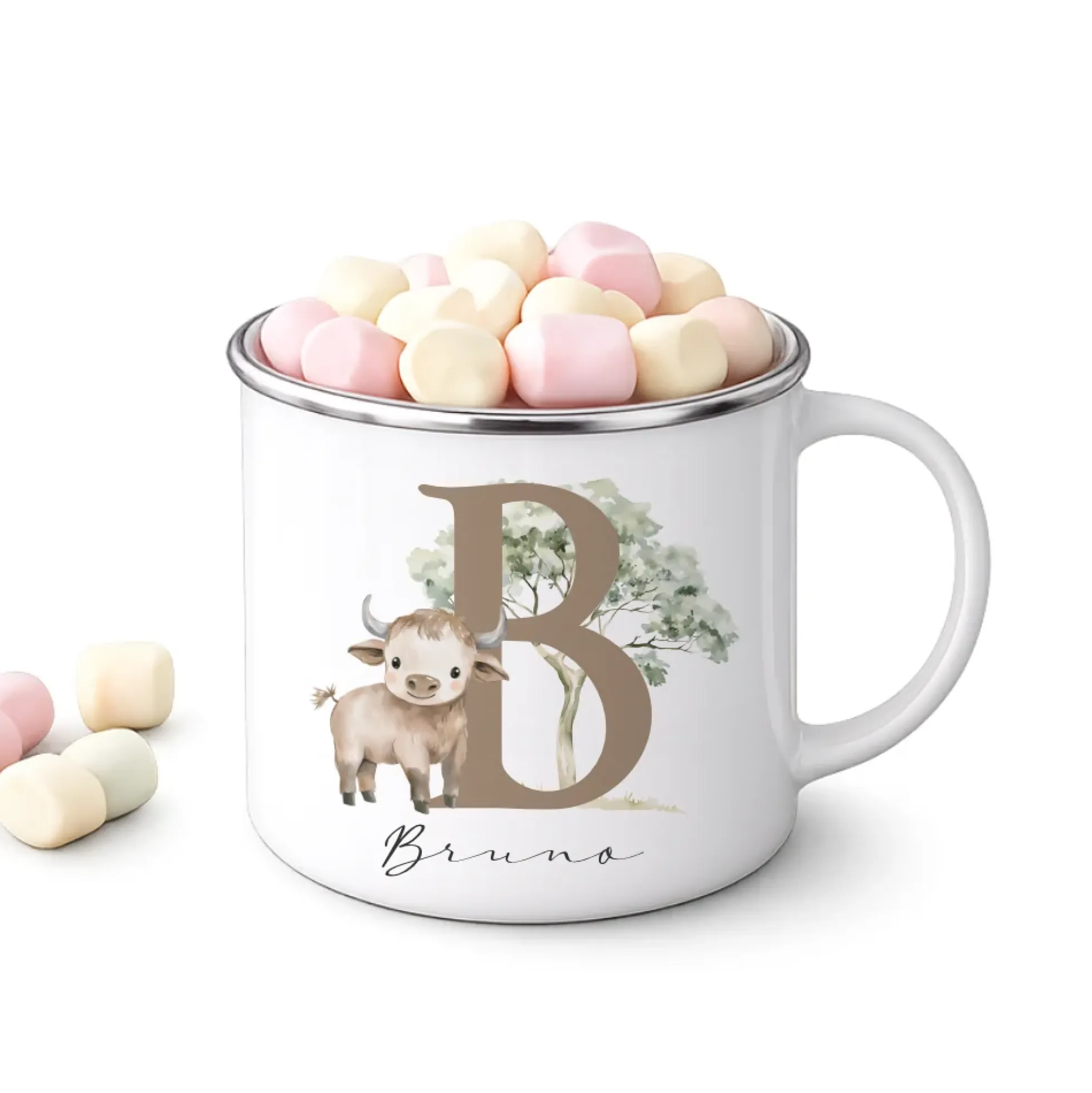 Personalisierte Emaille Tasse mit Namen & Buchstabe – Süße Safari Motive im Boho-Stil – Bruchsicherer Kinderbecher 300ml