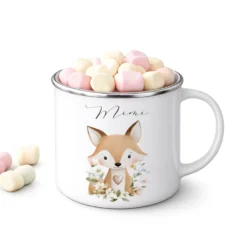 Personalisierte Emaille Tasse mit Namen – Süße Waldtiere Motive im Boho-Stil – Kinderbecher / Campingbecher 300ml