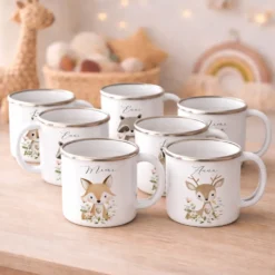 Personalisierte Emaille Tasse mit Namen – Süße Waldtiere Motive im Boho-Stil – Kinderbecher / Campingbecher 300ml
