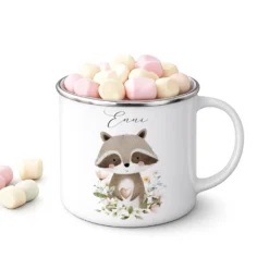 Personalisierte Emaille Tasse mit Namen – Süße Waldtiere Motive im Boho-Stil – Kinderbecher / Campingbecher 300ml