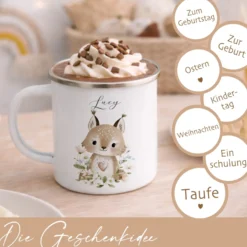 Personalisierte Emaille Tasse mit Namen – Süße Waldtiere Motive im Boho-Stil – Kinderbecher / Campingbecher 300ml