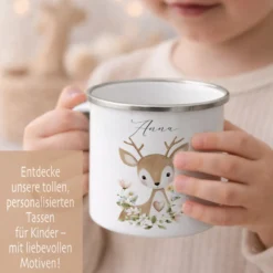 Personalisierte Emaille Tasse mit Namen – Süße Waldtiere Motive im Boho-Stil – Kinderbecher / Campingbecher 300ml