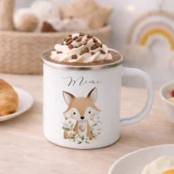 Personalisierte Emaille Tasse mit Namen – Süße Waldtiere Motive im Boho-Stil – Kinderbecher / Campingbecher 300ml