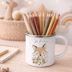 Personalisierte Emaille Tasse mit Namen – Süße Waldtiere Motive im Boho-Stil – Kinderbecher / Campingbecher 300ml
