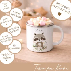 Personalisierte Emaille Tasse mit Namen – Süße Waldtiere Motive im Boho-Stil – Kinderbecher / Campingbecher 300ml