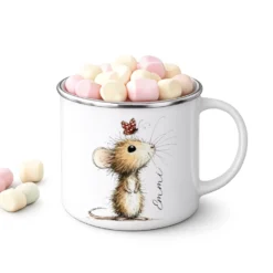Personalisierte Emaille Tasse für Kinder mit Namen – Süße Maus Motive im Boho-Stil
