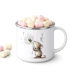 Personalisierte Emaille Tasse für Kinder mit Namen – Süße Maus Motive im Boho-Stil
