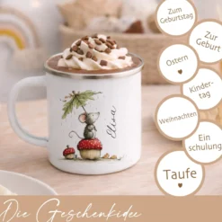 Personalisierte Emaille Tasse für Kinder mit Namen – Süße Maus Motive im Boho-Stil