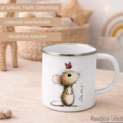Personalisierte Emaille Tasse für Kinder mit Namen – Süße Maus Motive im Boho-Stil