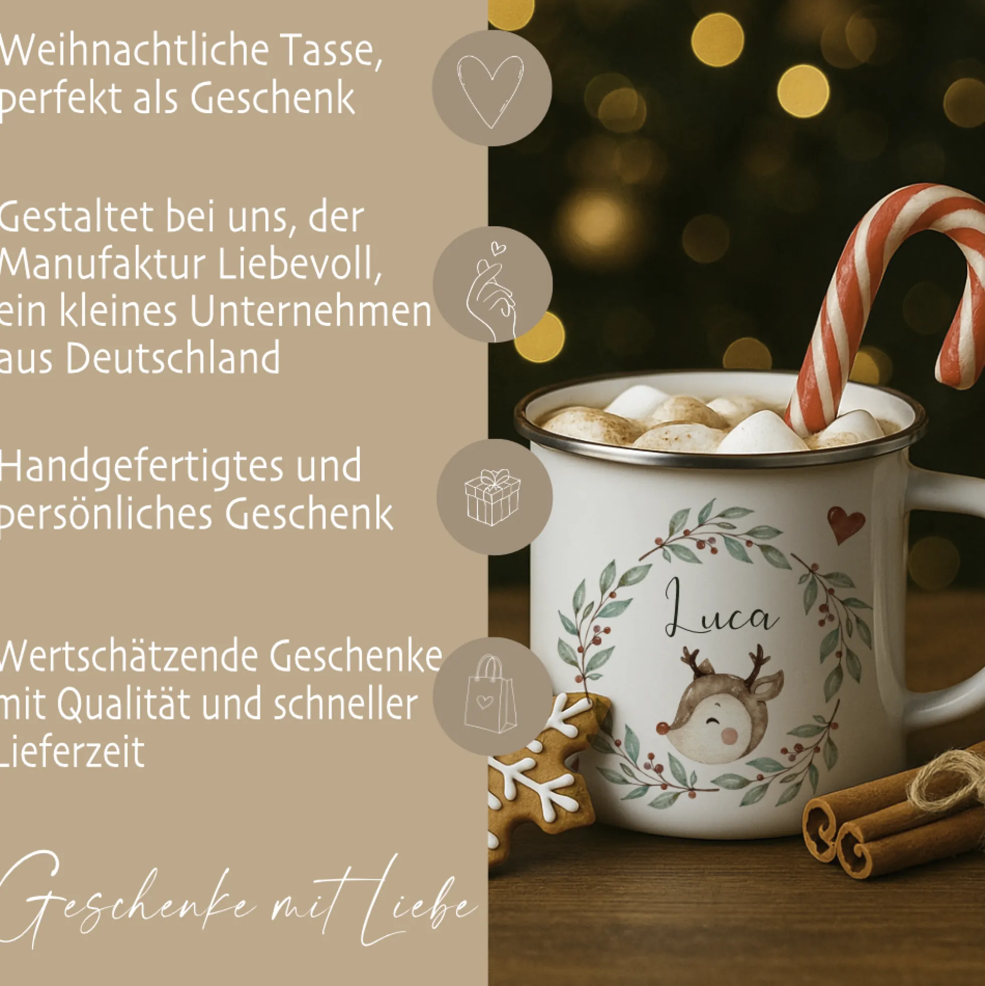 Personalisierte Emaille Tasse Weihnachten mit Namen – Kinder Becher Rentier & Herz Motiv – Geschenkidee Advent, Nikolaus, Weihnachtsgeschenk