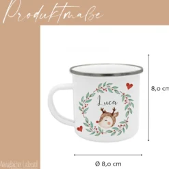 Personalisierte Emaille Tasse Weihnachten mit Namen – Kinder Becher Rentier & Herz Motiv – Geschenkidee Advent, Nikolaus, Weihnachtsgeschenk