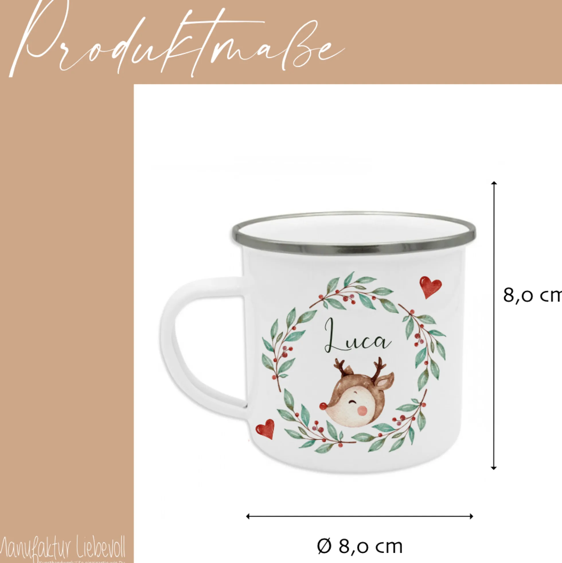 Personalisierte Emaille Tasse Weihnachten mit Namen – Kinder Becher Rentier & Herz Motiv – Geschenkidee Advent, Nikolaus, Weihnachtsgeschenk