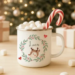 Personalisierte Emaille Tasse Weihnachten mit Namen – Kinder Becher Rentier & Herz Motiv – Geschenkidee Advent, Nikolaus, Weihnachtsgeschenk