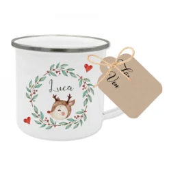 Personalisierte Emaille Tasse Weihnachten mit Namen – Kinder Becher Rentier & Herz Motiv – Geschenkidee Advent, Nikolaus, Weihnachtsgeschenk