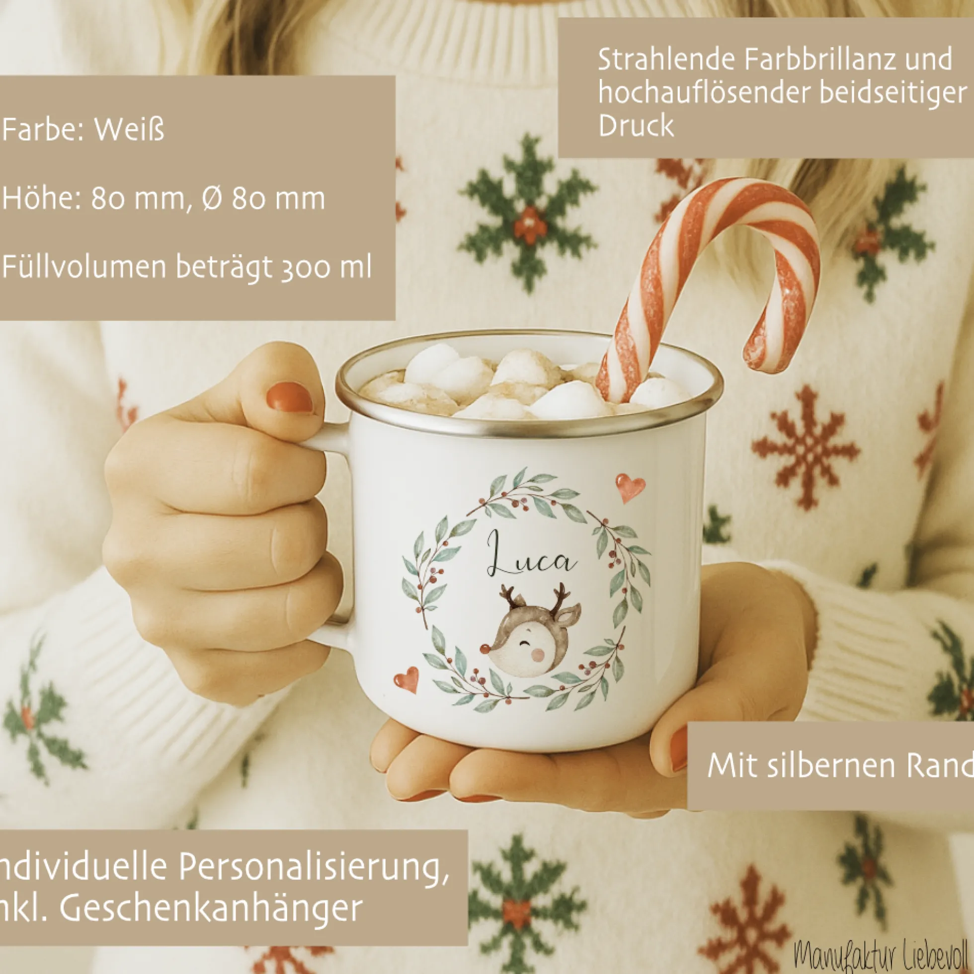 Personalisierte Emaille Tasse Weihnachten mit Namen – Kinder Becher Rentier & Herz Motiv – Geschenkidee Advent, Nikolaus, Weihnachtsgeschenk